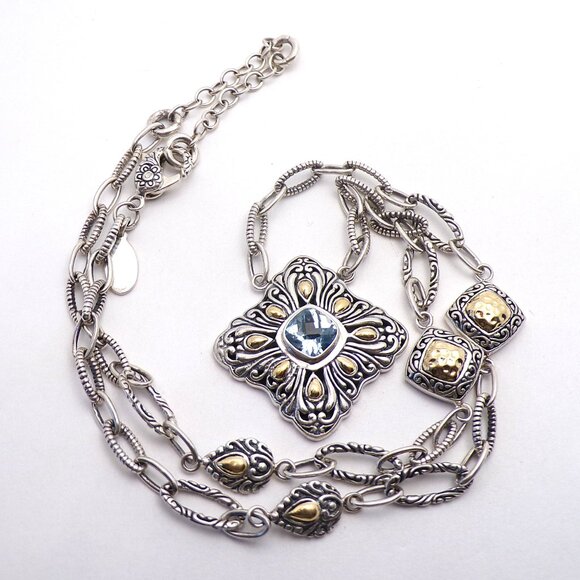 Bali Artisan 925/18K Accent Gemstone Necklace Ornate Blue Topaz Necklace